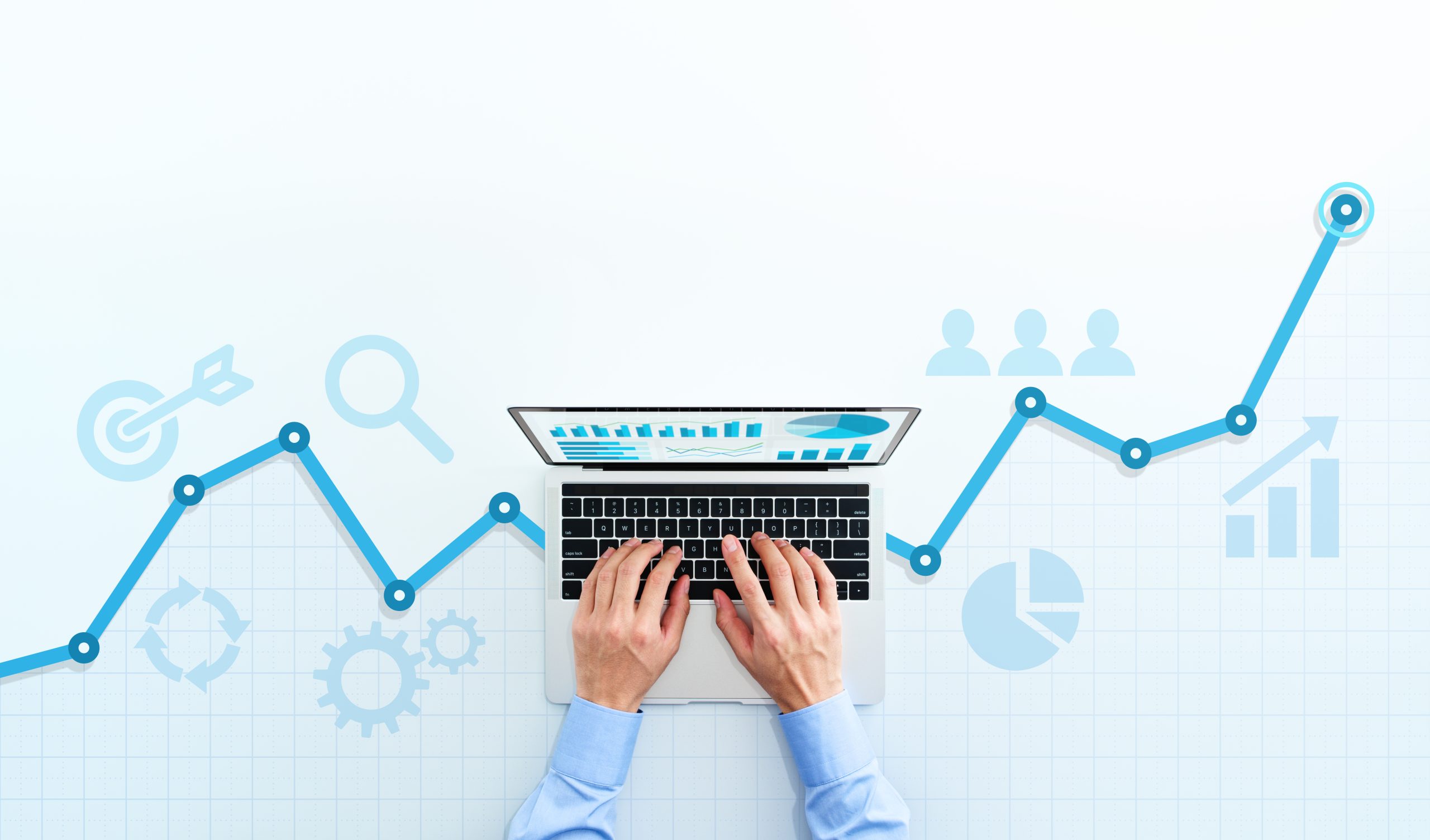 Web analytics and digital marketing. Top view of business man us