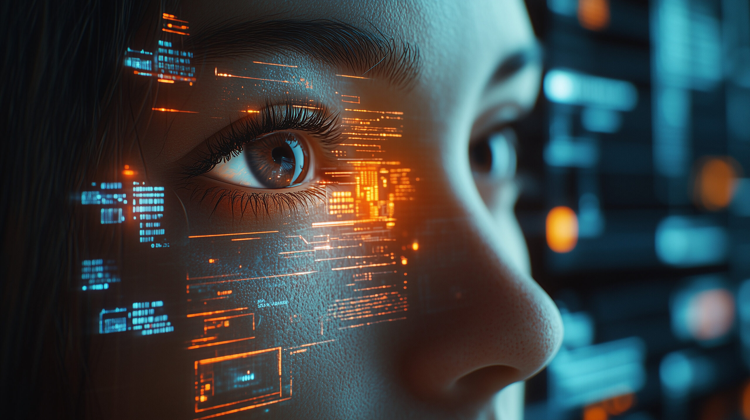 Cybernetic Vision: Close-up of a woman's eye with futuristic digital data overlay, showcasing technological advancement and artificial intelligence.  A mesmerizing blend of human and machine.