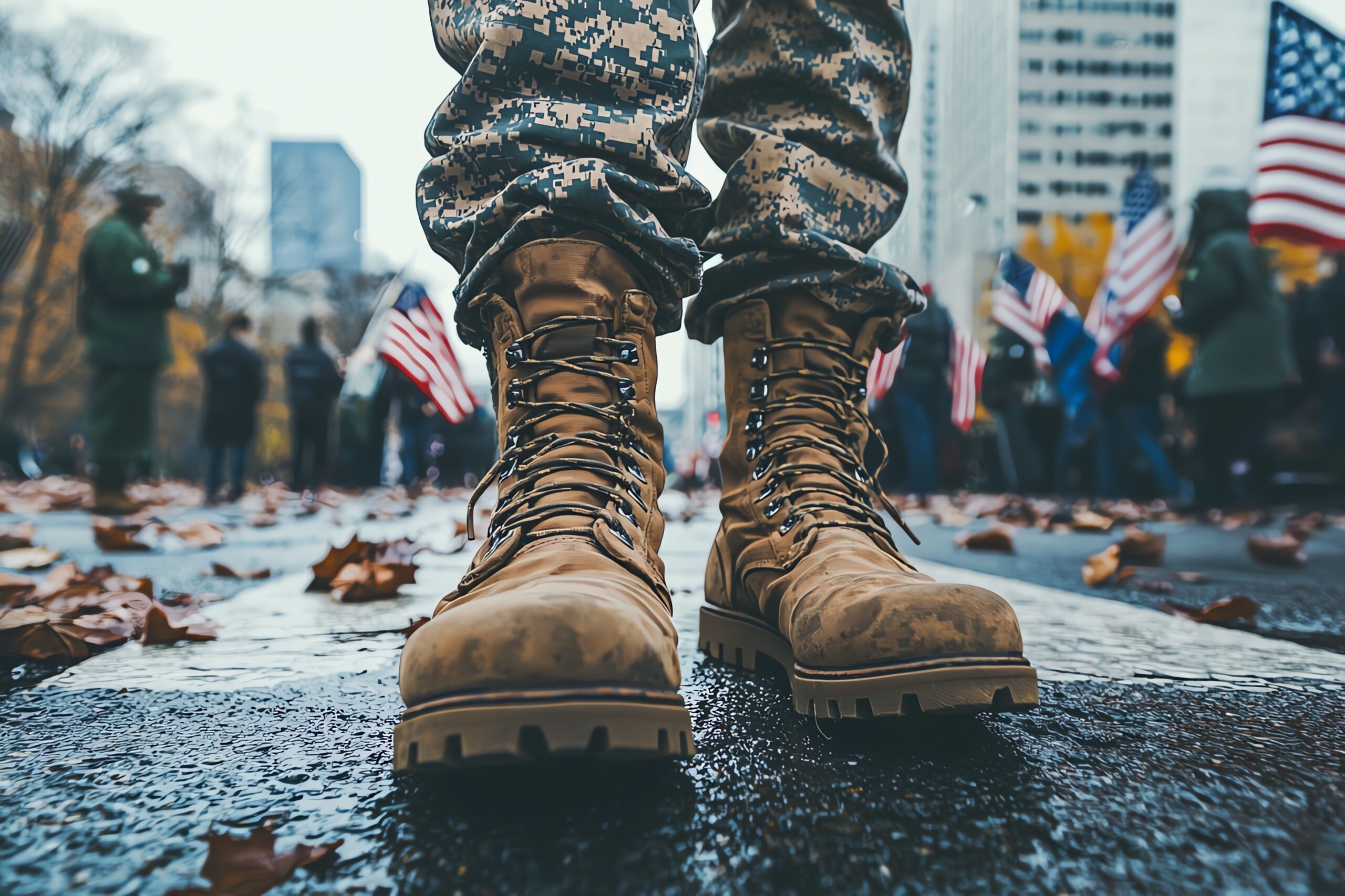 close-up of boots on the ground during a Veterans Day parade, capturing the essence of service and sacrifice, no branding visible