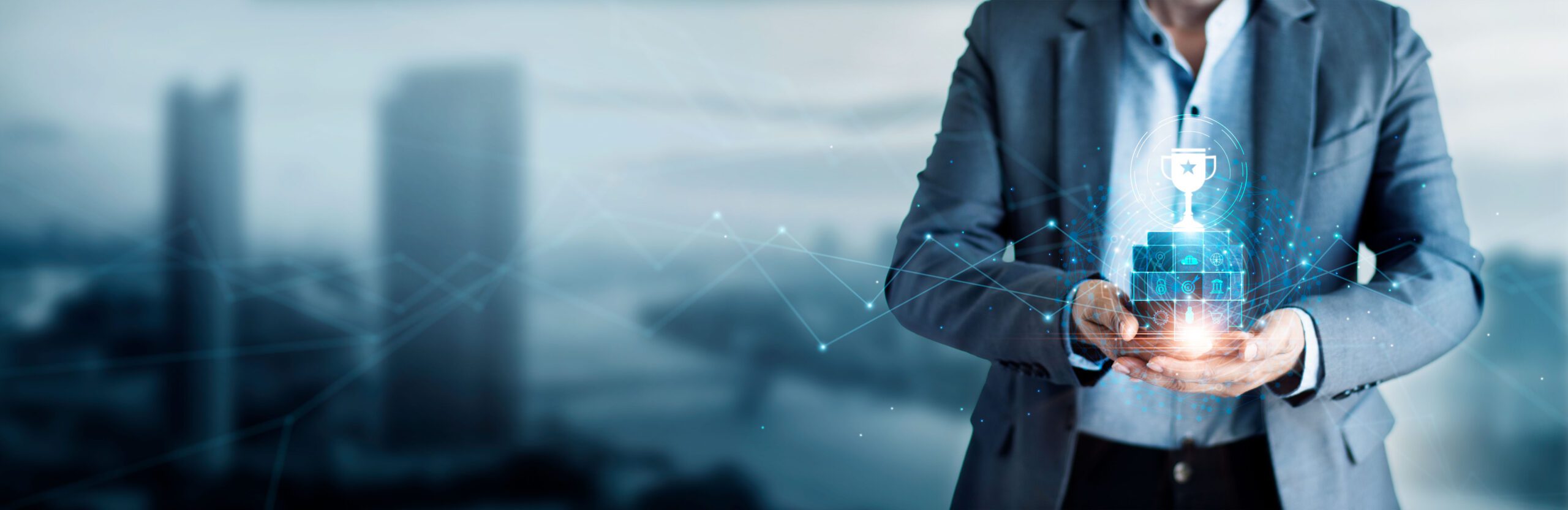 .Achievement and business goal success concept, Winner and success of business, Businessman holding icon of digital marketing and cup of leadership trophy success, strategy, planning and target.